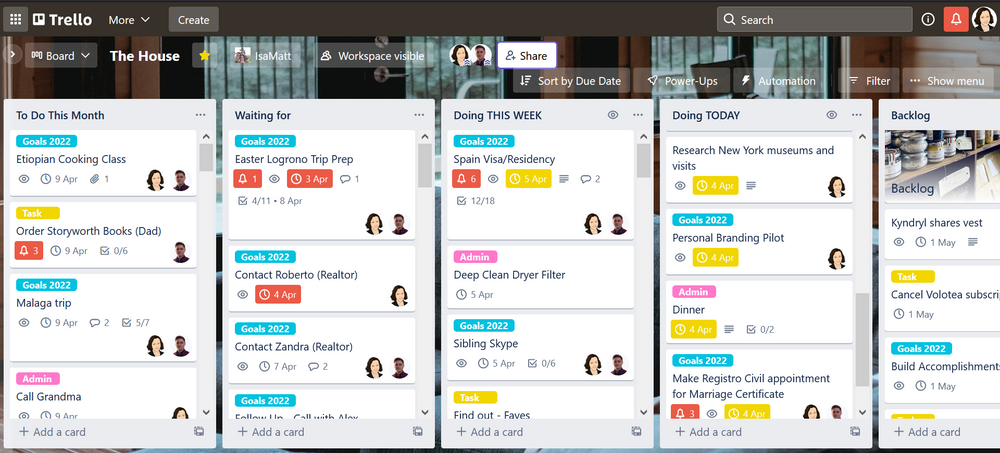 The House Board - image of a trello board showing different task cards