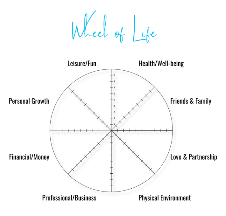 Shows a circle divided in 8 parts, representing key areas of life.